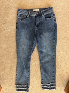 Charlie B Blue Denim Jeans with Fringed Hem